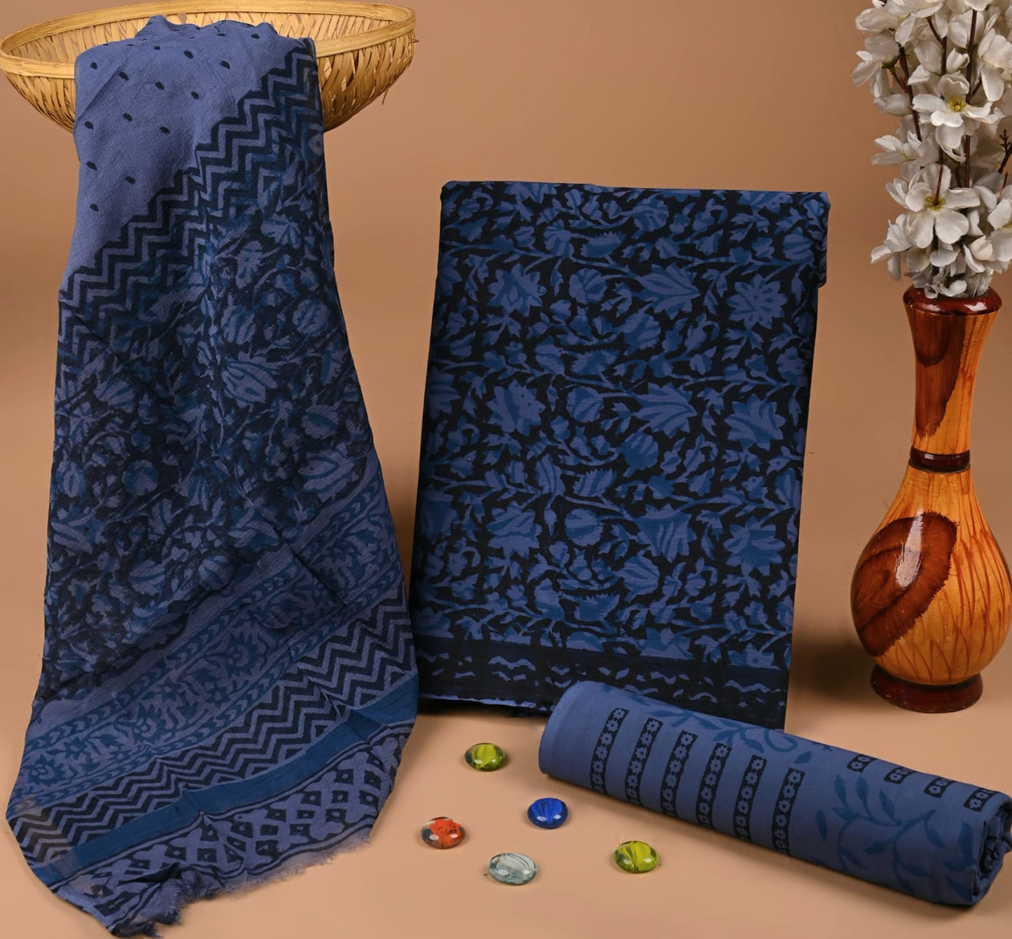 Cotton suit set with chiffon dupatta