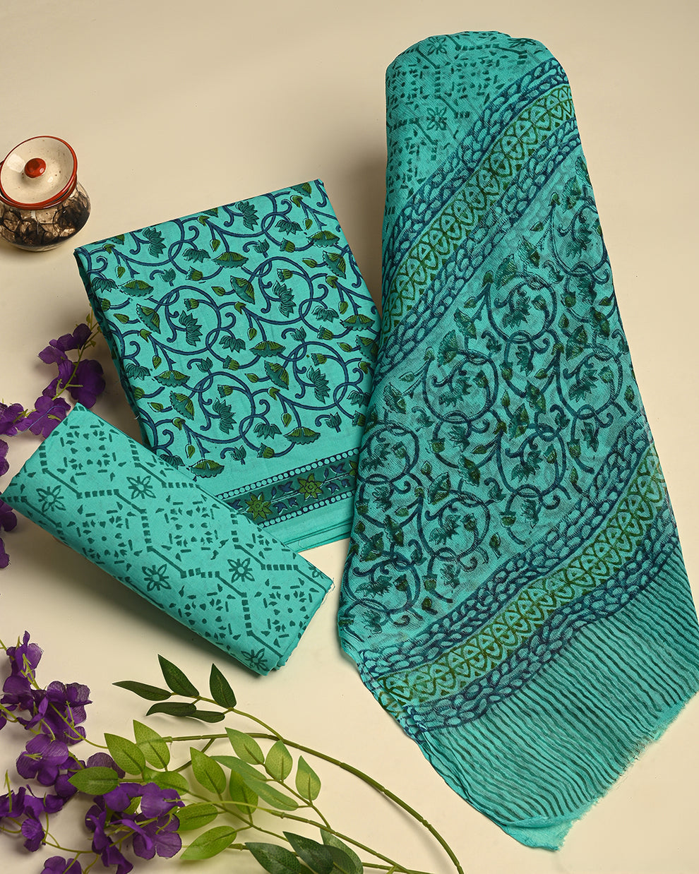 Cotton suit set with chiffon dupatta