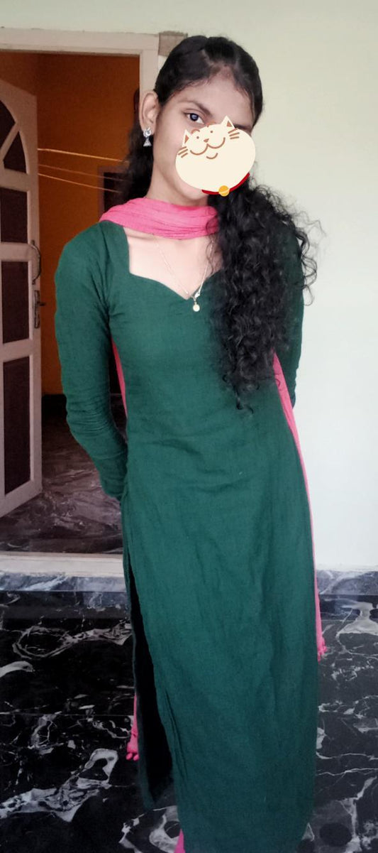 Green Slub cotton long straight kurta