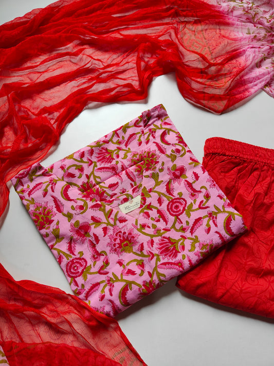 Cotton suit set with chiffon dupatta