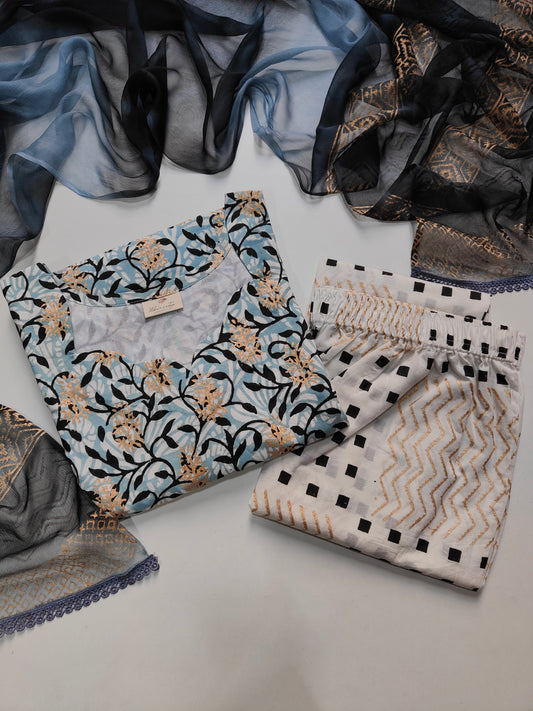 Cotton suit set with chiffon dupatta