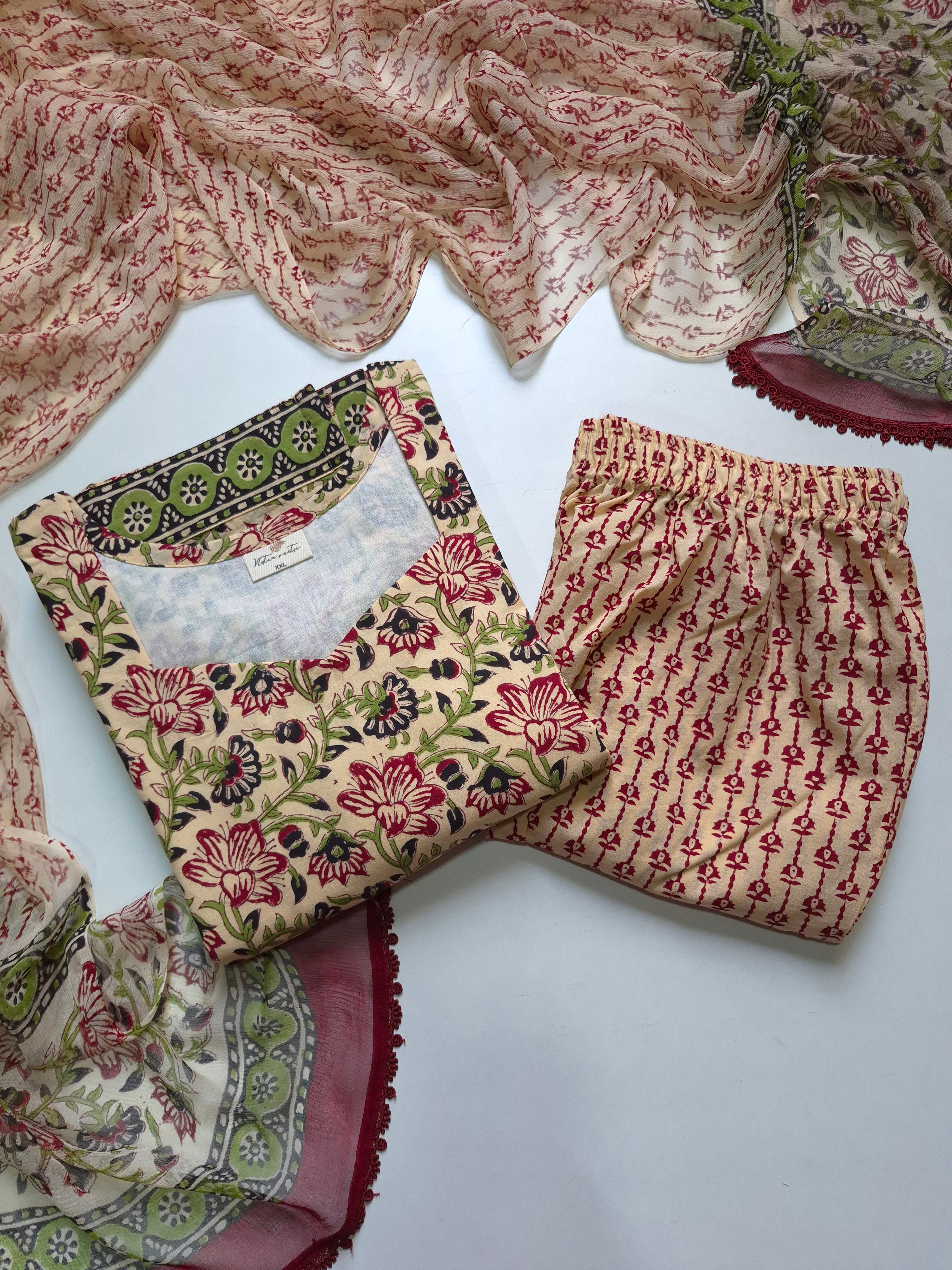 Cotton Suit Set With Chiffon Dupatta