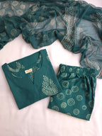 Cotton Suit Set With Chiffon Dupatta