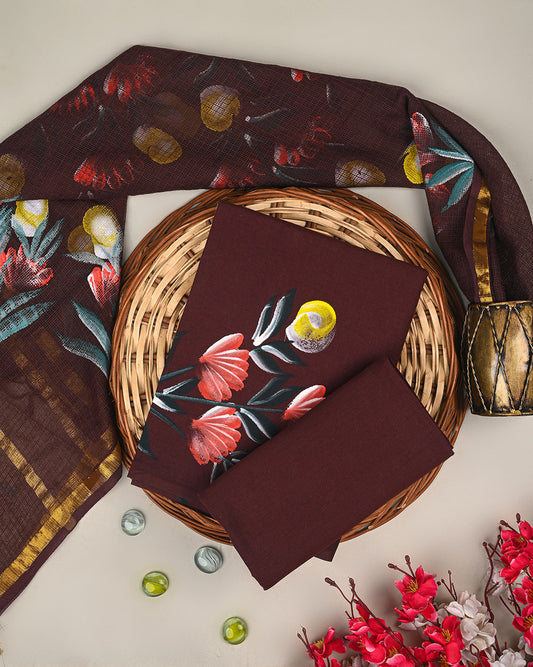 Cotton hand brush painted suit set with kota doria dupatta