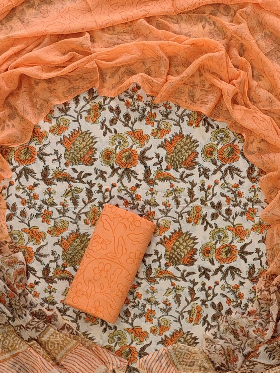 Cotton Suit Set With Chiffon Dupatta