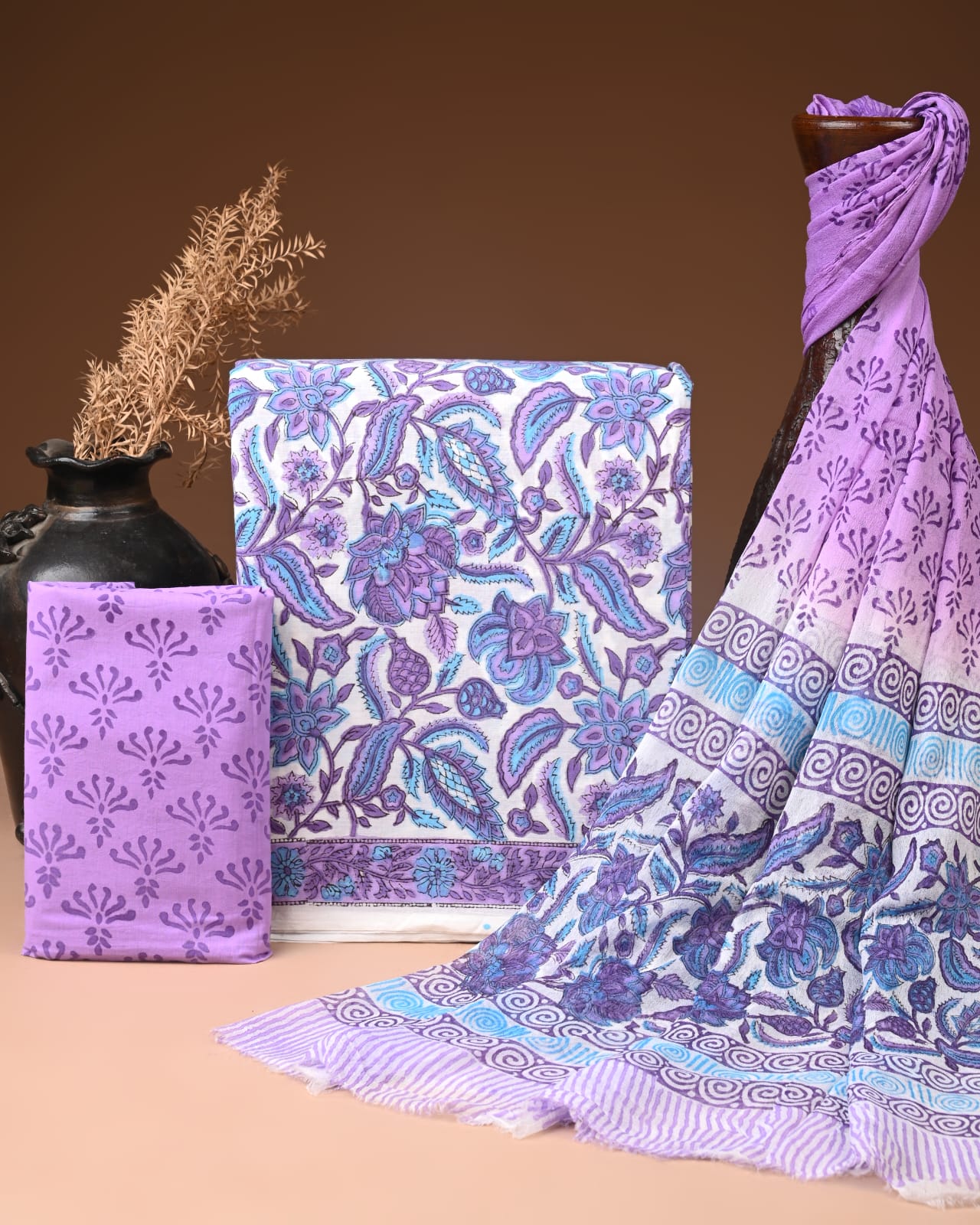 Cotton Suit Set With Chiffon Dupatta