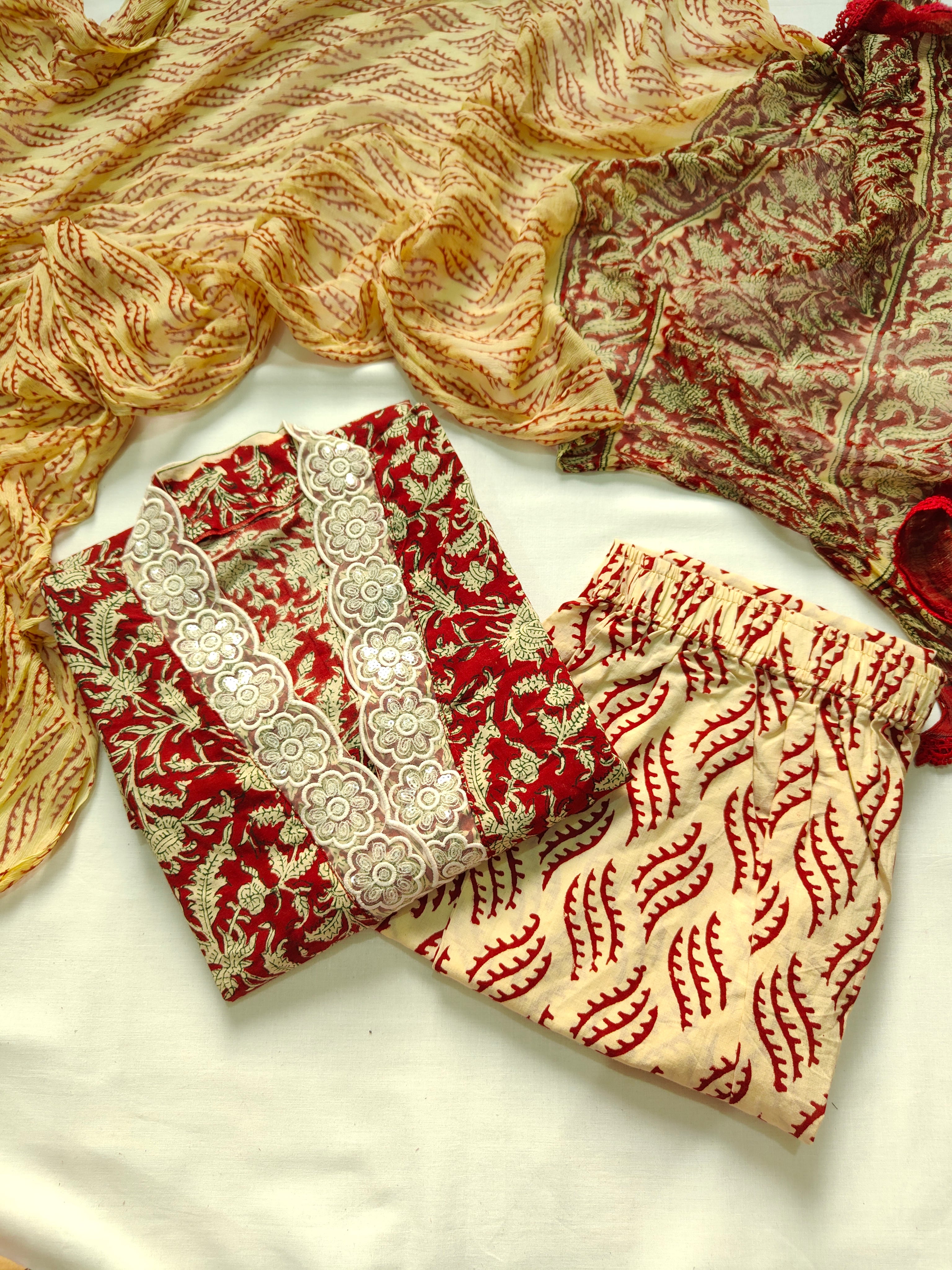 Ready to ship Cotton suit set with chiffon dupatta