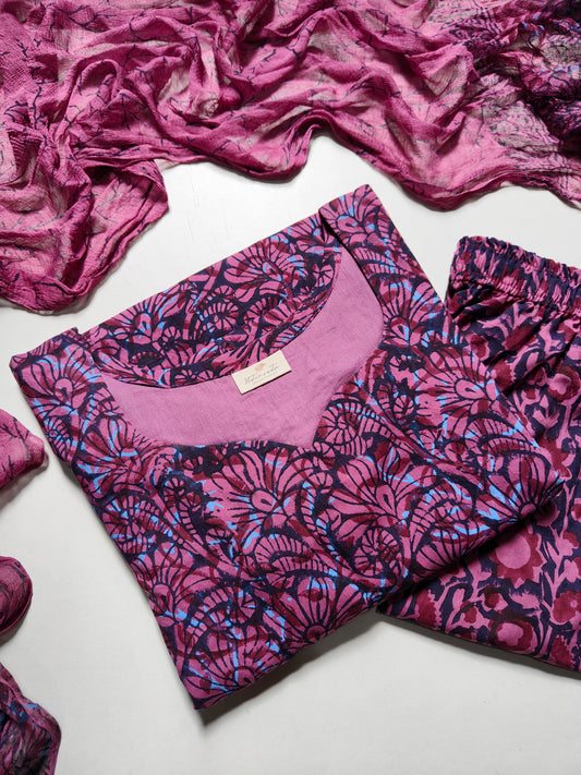 New Cotton suit set with chiffon dupatta