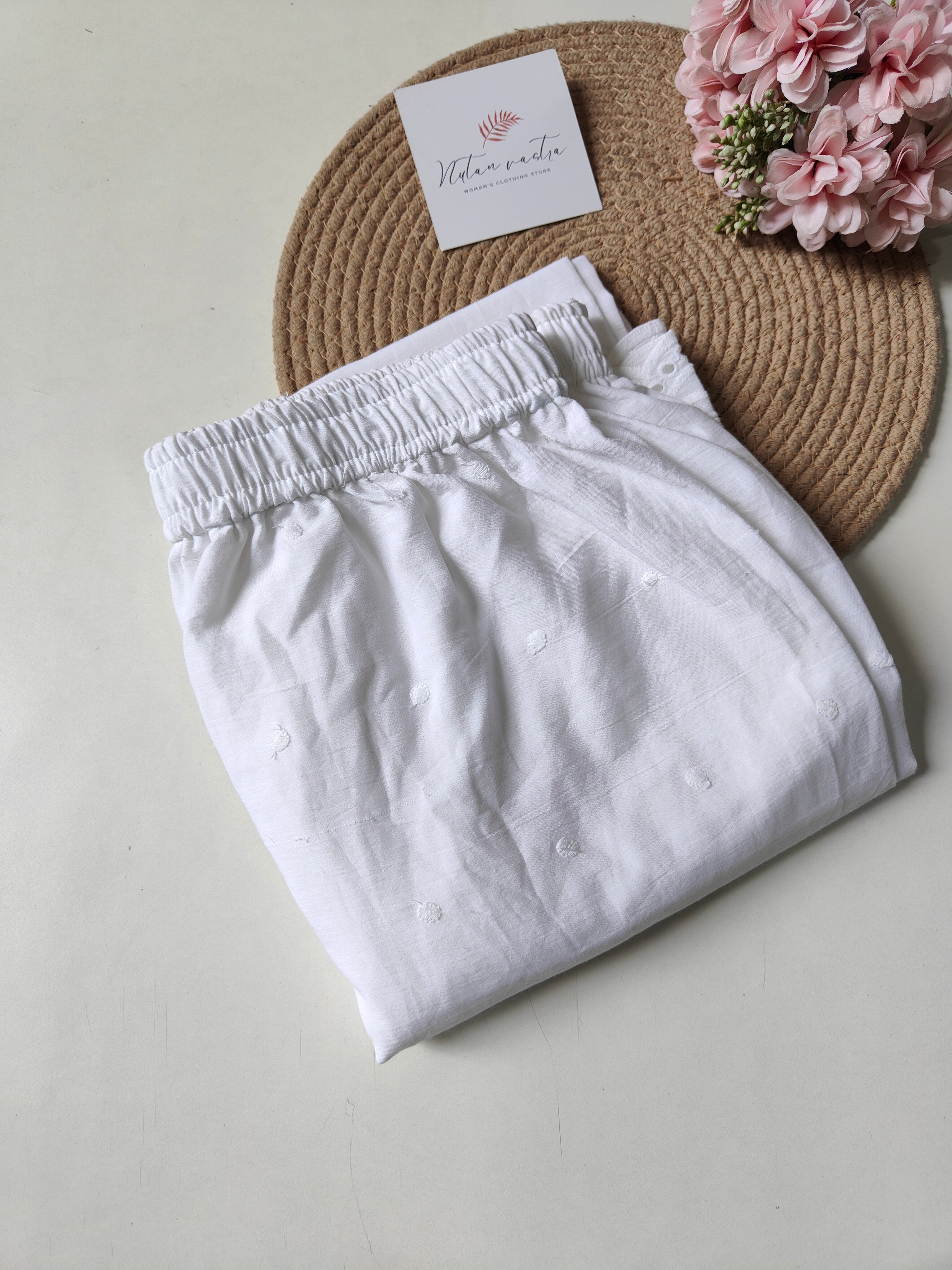White Self-Embroidered Straight Pant