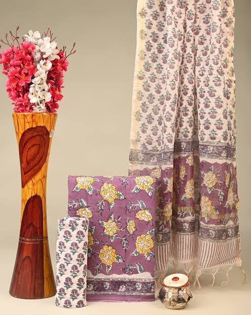 Cotton suit set with chanderi silk dupatta